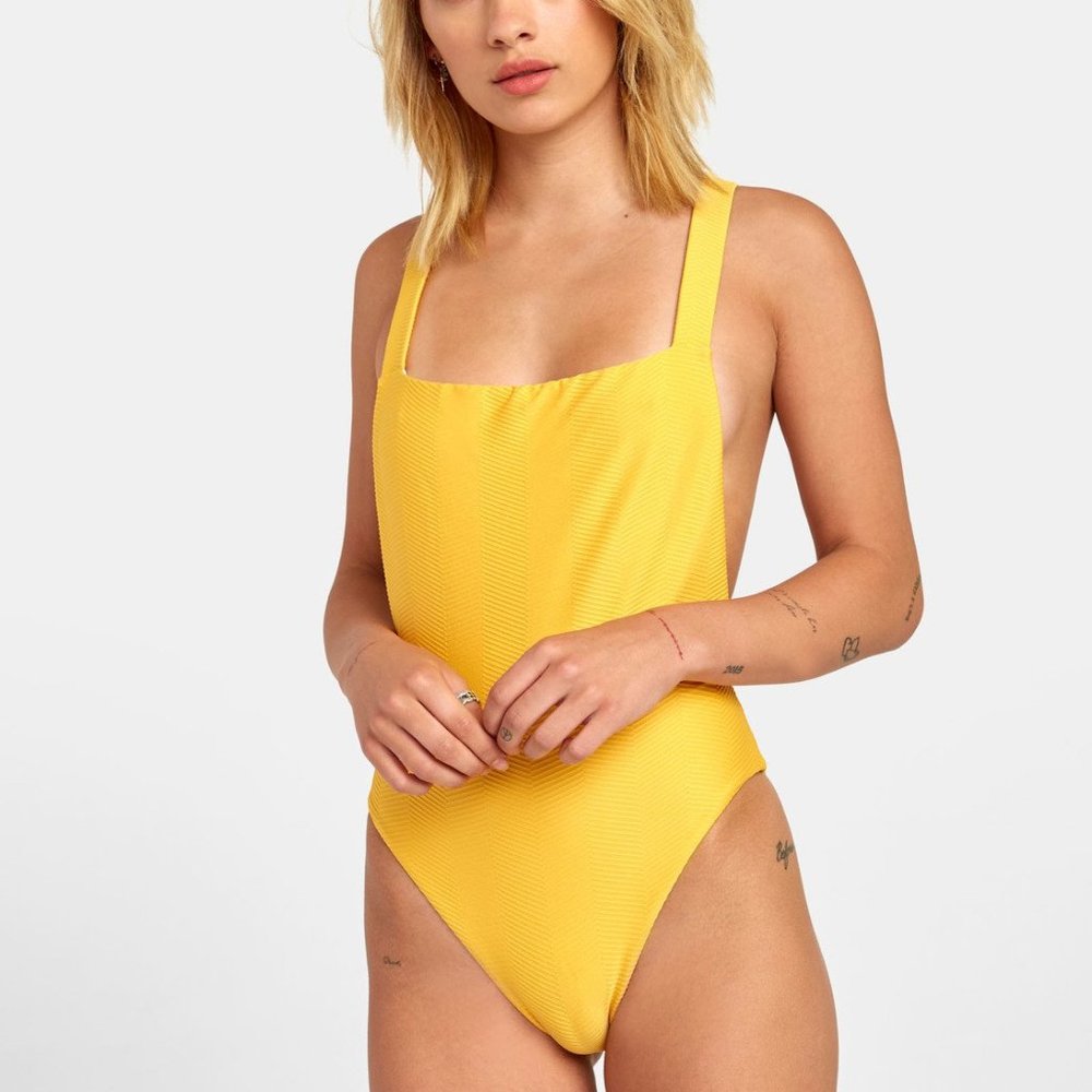 RCVA Bodega Sexy Square Neck Cut Sunny Yellow Unique One Piece Swimsuit in Honey